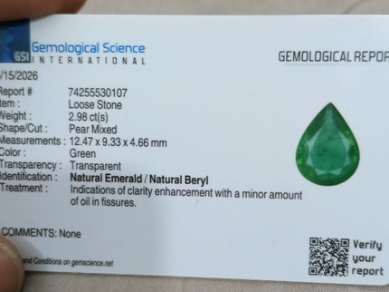 2.98ct Natural Emerald Medium Deep Green GSI Certified Pear Cut Loose Gemstone