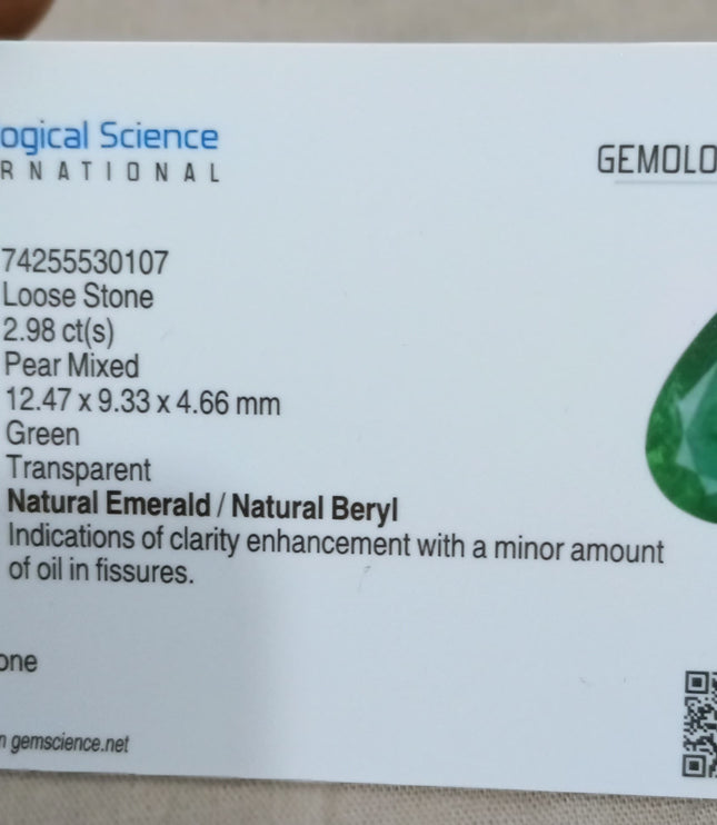 2.98ct Natural Emerald Medium Deep Green GSI Certified Pear Cut Loose Gemstone