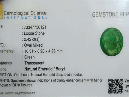 Zambian Emerald 2.42ct Certified Medium Green Oval Cut  Stone