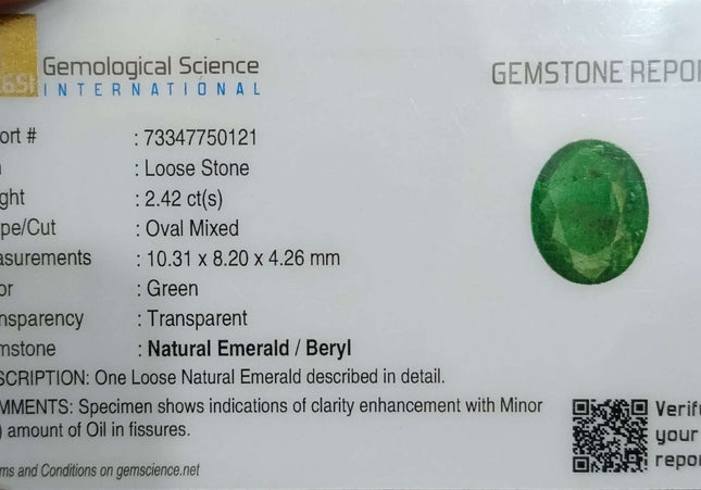 GSI Certified 2.42ct Medium Green Zambian Emerald Minor Oiled Loose Gemstone