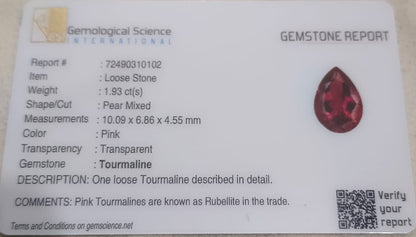 GSI Certified 1.93ct Rubellıte Tourmaline, 100% Natural Untreated Gemstone