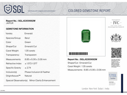 Panjshir Emerald 1.35ct Medium Green SGL Certified Octagon Cut Minor Oiled Gemstone