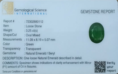 GSI Certified 3.25ct Velvet Green Swat Emerald , 100% Natural Earth Mined Gemstone