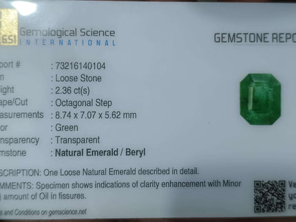 2.36ct Certified Zambian Emerald stone.