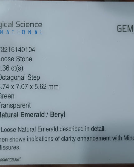 2.36ct GSI Certified Deep Green Zambian Emerald Earth Mined Loose Gemstone