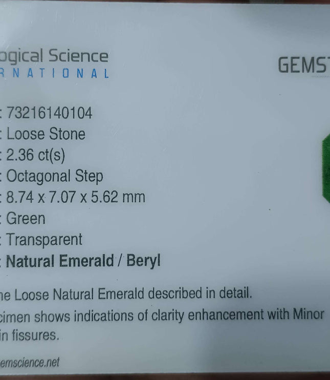 2.36ct Certified Zambian Emerald stone.