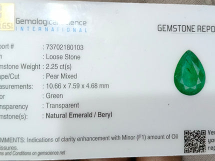 Zambian Emerald 2.55ct Natural Deep Velvet Green Certified Pear Cut Loose Gemstone
