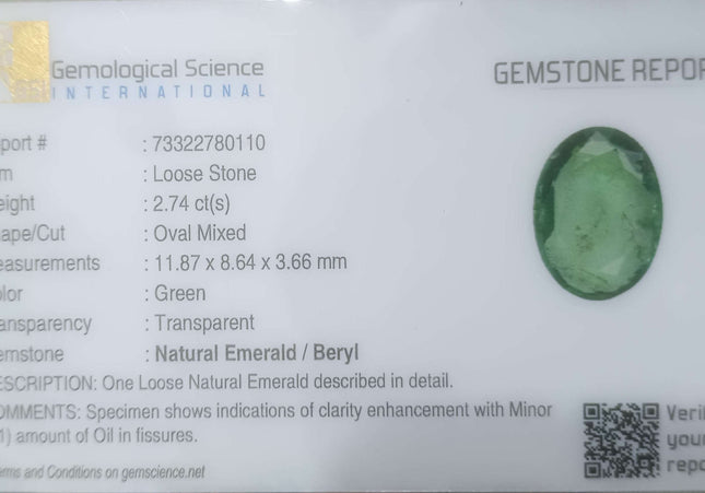 2.74ct GSI USA Certified Water Green Zambian Emerald Minor Oiled Loose Gemstone