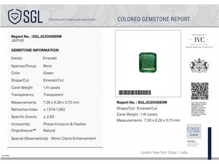 1.41ct Zambian Emerald Natural SGL Certified Medium Green Minor Oiled Loose Gemstone