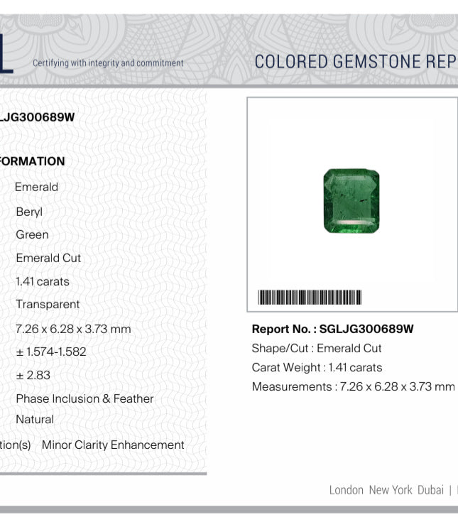 1.41ct Zambian Emerald Natural SGL Certified Medium Green Minor Oiled Loose Gemstone