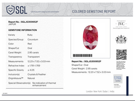 2.95ct Unheated Natural Mozambique Blood Red SGL Certified Ovsl Cut Gemstone