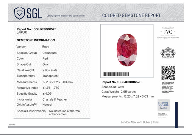 2.95ct Unheated Natural Mozambique Blood Red SGL Certified Ovsl Cut Gemstone