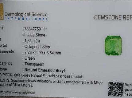 Certified 1.31ct Natural Zambian Emerald