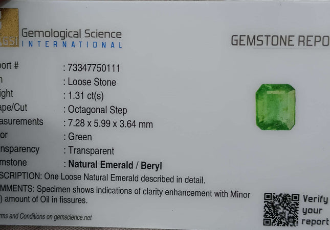 GSI Certified 1.31ct Parrot Green Natural Zambian Emerald Minor Oiled Loose Gemstone