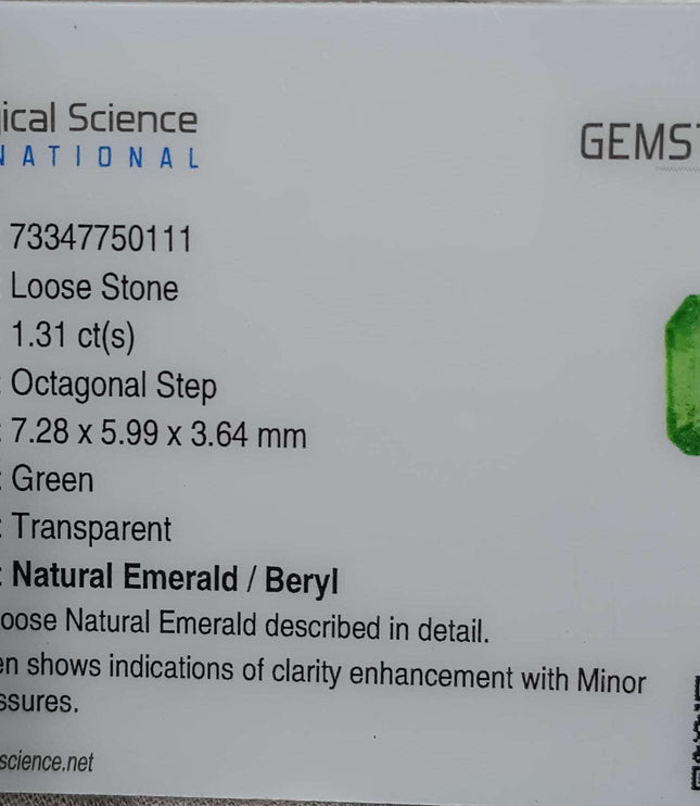 Certified 1.31ct Natural Zambian Emerald