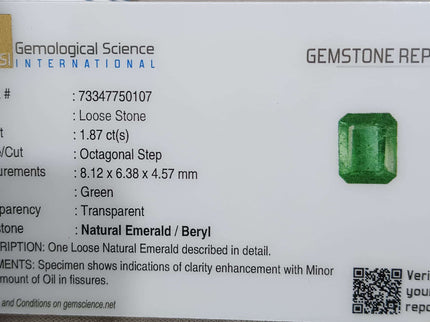 Certified 1.87ct Natural Zambian Emerald Stone