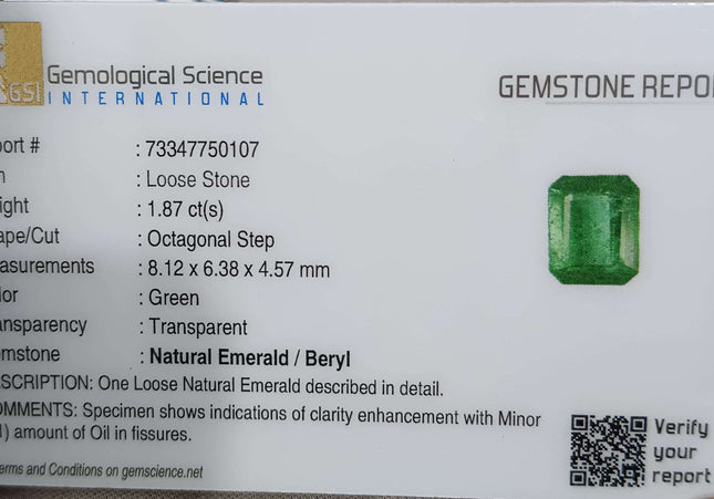GSI Certified 1.87ct Medium Deep Green Zambian Emerald Minor Oiled Loose Gemstone