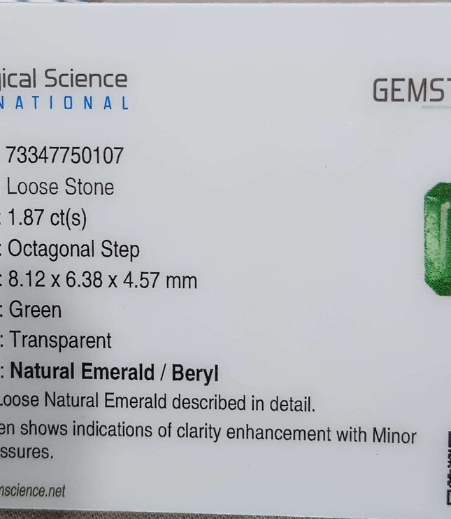 Certified 1.87ct Natural Zambian Emerald Stone