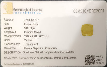 GSI Certified 3.85ct Vivid Yellow Sapphire, 100% Natural Untreated Gemstone.