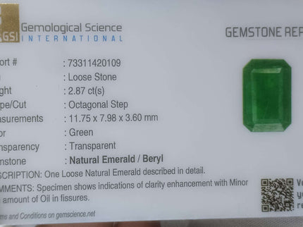 2.87ct Certified Zambian Natural Emerald Stone