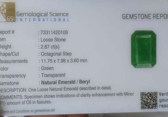 2.87ct GSI Certified Medium Green Zambian Emerald Minor Oiled Loose Gemstone
