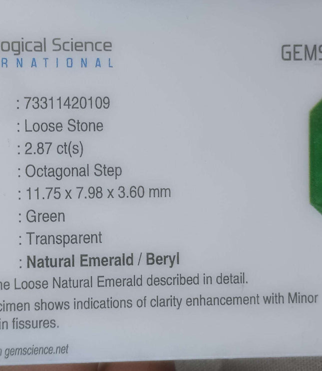 2.87ct Certified Zambian Natural Emerald Stone