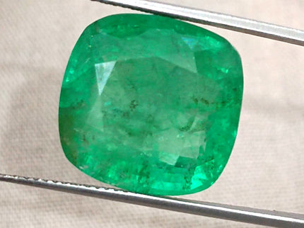 Natural Emerald 14.42ct Certified Medium Deep Bright Green Cushion Cut Gemstone