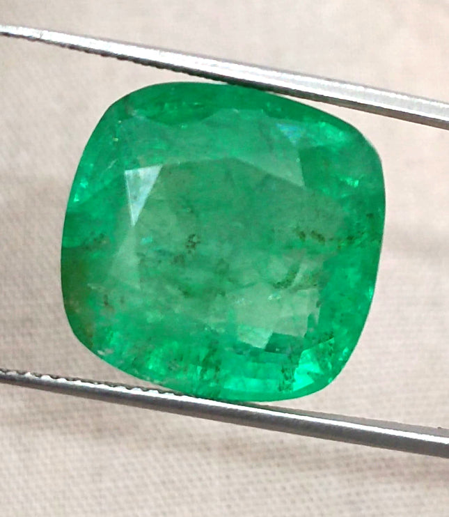 Natural Emerald 14.42ct Certified Medium Deep Bright Green Cushion Cut Gemstone