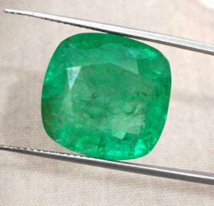 Natural Emerald 14.42ct Certified Medium Deep Bright Green Cushion Cut Gemstone
