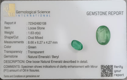 GSI Certified 1.63ct Colombian Emerald, 100% Natural Gemstones