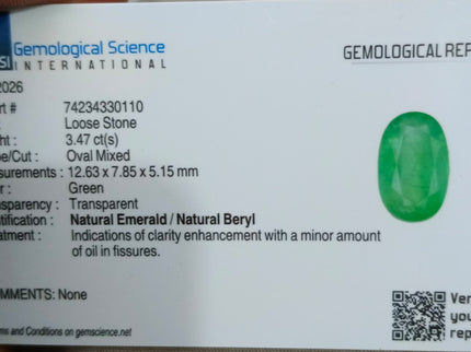 3.47ct Panjshir Emerald Natural GSI Certified Intense Green Oval Cut Loose Gemstone
