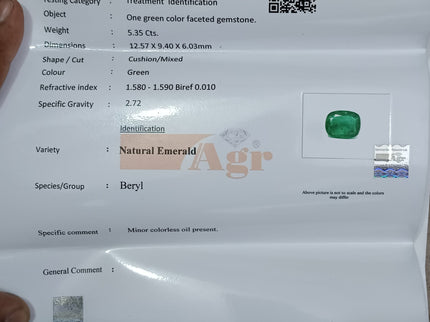 5.35ct Emerald Natural Certified Deep Pure Green Cushion Cut Stone
