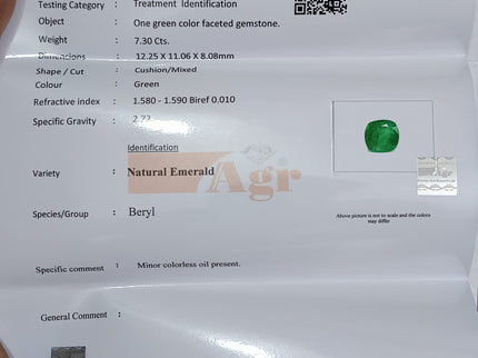 7.30ct Emerald Natural Certified Medium Bright Alpine Green Cushion Cut Stone