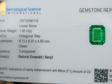 1.95ct Zambian Emerald, Medium Bright Green Octagon Cut Certified Natural Loose Gemstone