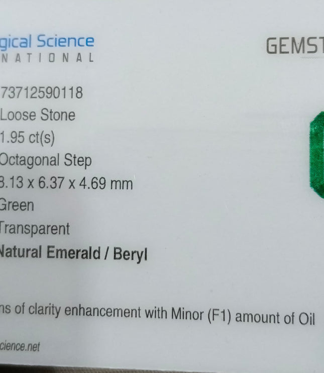 1.95ct Zambian Emerald, Medium Bright Green Octagon Cut Certified Natural Loose Gemstone