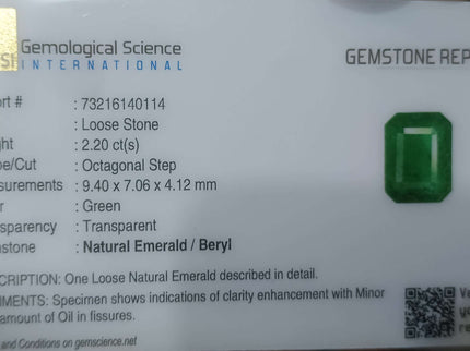 2.20ct Certified Zambian Natural Emerald Stone.