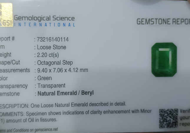 2.20ct GSI Certified Deep Velvet Green Zambian Emerald Minor Oiled Loose Gemstone