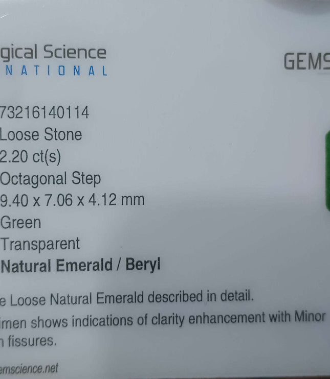 2.20ct Certified Zambian Natural Emerald Stone.