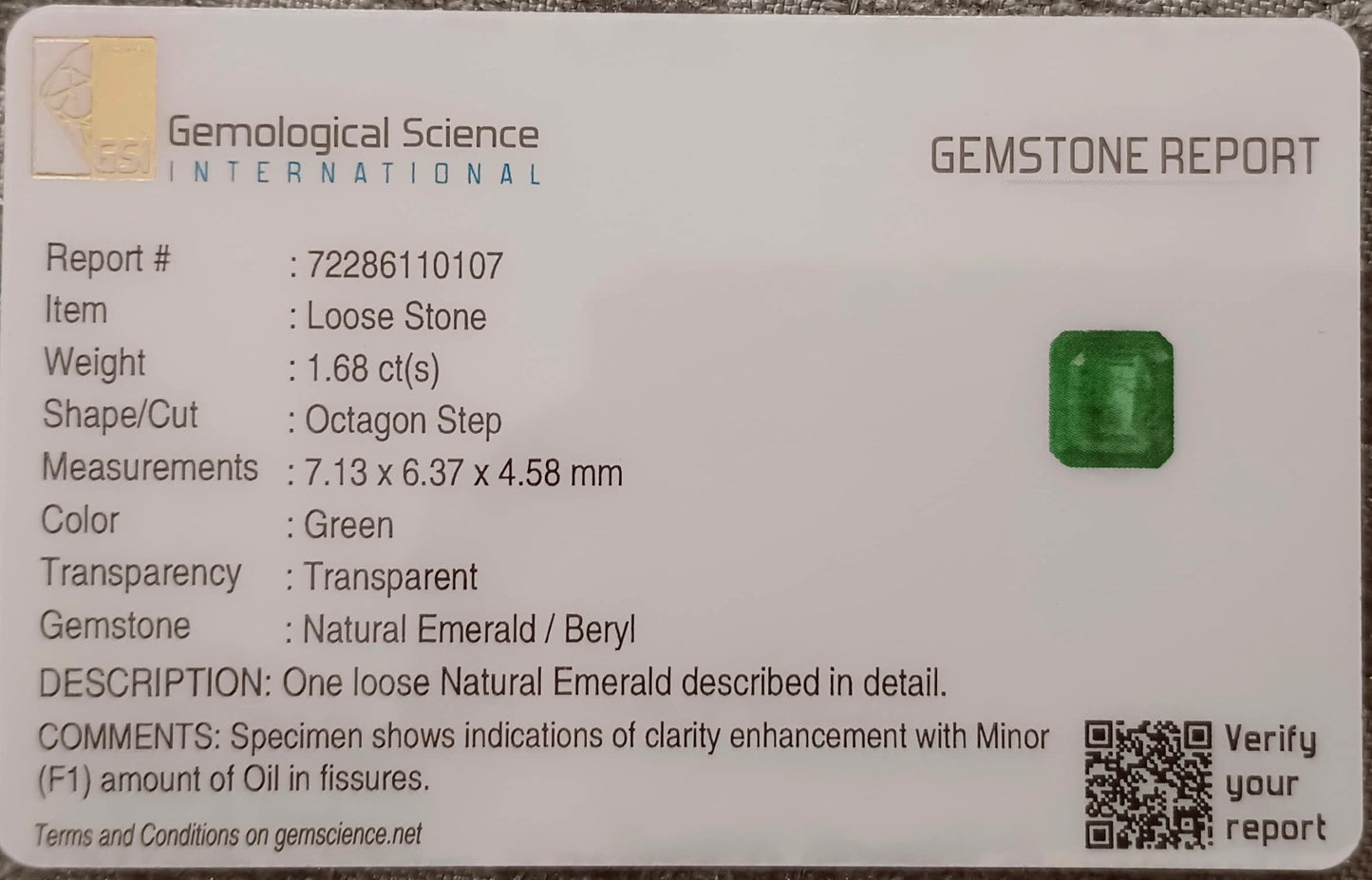 GSI Certified 1.68ct Velvet Green Swat Emerald , 100% Natural Earth Mined Gemstone