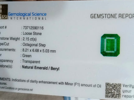 2.15ct Certified Zambian Emerald, Natural Medium Green Octagon Cut Gemstone