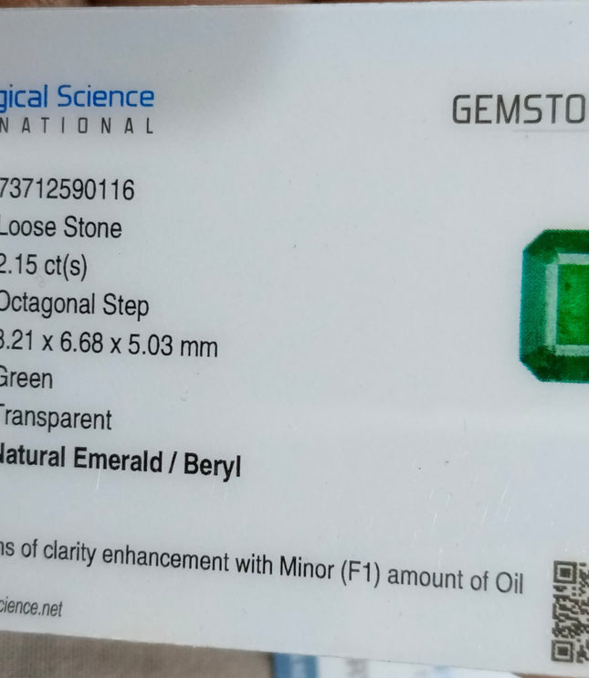 2.15ct Certified Zambian Emerald, Natural Medium Green Octagon Cut Gemstone