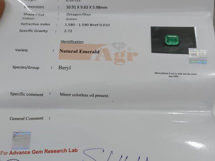 6.18ct Natural Emerald AGRL Certified Medium Deep Velvet Green Octagon Cut Gemstone