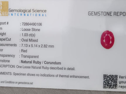 GSI Certified 1.03ct Mozambique Ruby, Natural Untreated Gemstone
