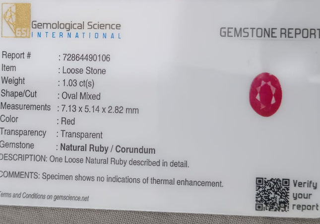 GSI Certified 1.03ct Mozambique Ruby, Natural Untreated Gemstone