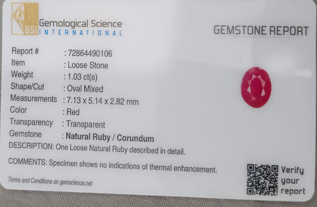 GSI Certified 1.03ct Mozambique Ruby, Natural Untreated Gemstone