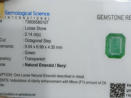 Natural Zambian Emerald 2.14ct Medium Light Green Octagon Cut Loose Gemstone