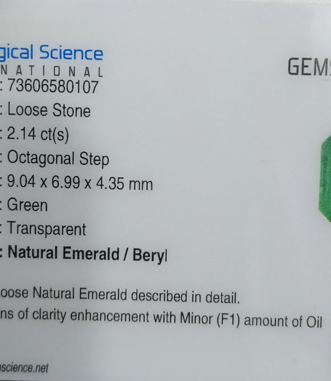 Natural Zambian Emerald 2.14ct Medium Light Green Octagon Cut Loose Gemstone