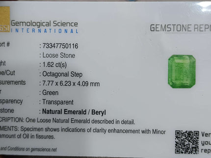 Zambian Emerald 1.62ct Certified Natural Octagon Cut Loose Gemstone