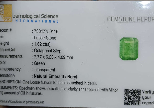 GSI Certified 1.62ct Medium Green Zambian Emerald Minor Oiled Loose Gemstone