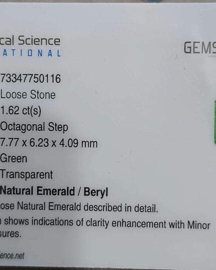 GSI Certified 1.62ct Medium Green Zambian Emerald Minor Oiled Loose Gemstone